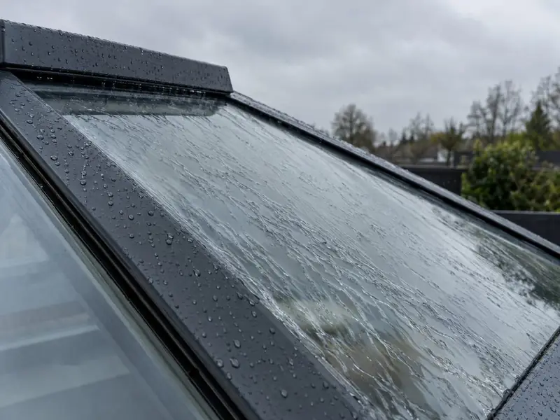 Rainwater sheeting off the sloping glass of a roof lantern